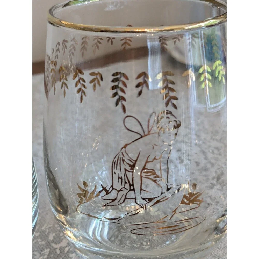 White Rock Tumblers Set 4 Nymph Fairy VTG GingerAle Gold Paint Glass MCM 50s 60s